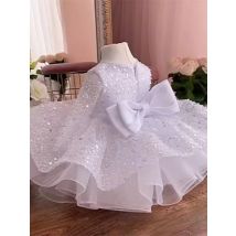Puffy White Baby Kleinkind Prinzessin Ballkleid Kinder Neugeborene Party Perlen Tüll Erstkommunion Brautkleider Taufe Outfits