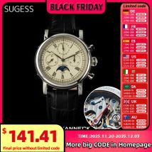 Reloj Sugess ST1908 para hombre, reloj de pulsera con cronógrafo mecánico con movimiento de cuello de cisne, calendario de fase lunar auténtica, cuero Vintage, nuevo 2023