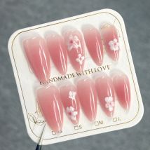 Handgefertigte Nägel zum Aufdrücken, süße rosa Katzenaugen-Kunstnägel, einfache weiße Blumen, bedruckt, koreanischer Stil, mandelförmige gefälschte Nagelspitzen