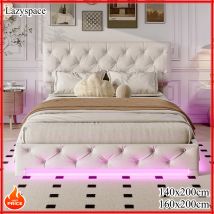 Lazyspace Doppelbett, Leinenmaterial, LED-Hydraulikbett mit Stauraum, mit großem Stauraum, verstellbares Kopfteil, weiß, ohne Matratze