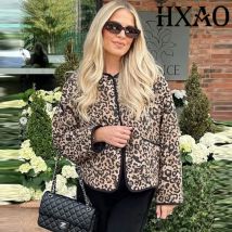 HXAO Women's Coats Leopard Quilted Jacket Woman Parkas Vintage Long Sleeve Short Padded Jacket Warm Autumn Winter Outerwear