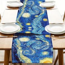Van Gogh Sternennacht inspirierter Tischläufer aus Leinen, Kunstdesign für Esszimmer, Küchendekoration, rechteckiges Bauernhaus, Himmel und Mondmotiv