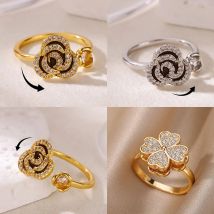 Zircon Flower Fidget Spinner Ring Anxiety for Women Gold Color Stainless Steel Flower Ring Party Wedding Christmas Jewelry Gift