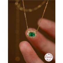 CCFJOYAS Hohe Qualität 925 Sterling Silber Retro Oval Grün Zirkon Anhänger Halskette 18 karat Vergoldet Frauen Mode Vintage-Schmuck