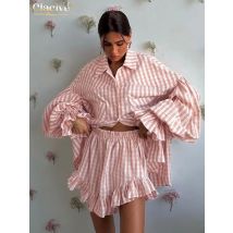 Clacive Fashion Loose Stripe 2 Piece Sets Women Outfit 2025 Elegant Long Sleeve Shirt With High Waist Ruffle Shorts Set Female