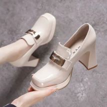Women's Fashion Thick Heel Shoes Fall New Square Head Deep Mouth Metal Buckle Anti-slip Wear-resistant High Heels