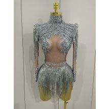 Women Sparkly Rhinestone Sequin Tassel Stretch Bodysuits 2025 New Arrival Birthday Party Nightclub Dj Stage Performance Costume