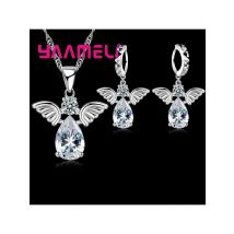 Specials Cute Angel Shape Jewelry Sets Crystal 925 Sterling Silver Color Pendant Necklace And Earring Set Lady Birthday