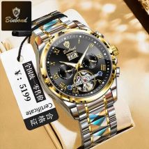 BINBOND Fashion Luxury Men Automatic Mechanical Watch Date Waterproof Watch Hollow Tourbillon Stainless Steel Men Watch Reloj