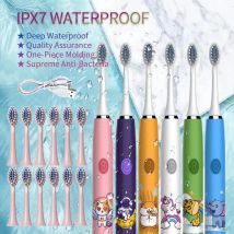Venta directa de fábrica, cepillo de dientes sónico para niños, banda para el cabello suave, 12 cabezales de cepillo de repuesto, limpieza de dientes, dibujos animados bonitos para niños