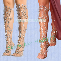 Klare Edelsteine Riemchen Lange Sandalen Frauen Luxus Gladiator Stiletto Puttee PVC Schuhe Party Nachtclub Ausschnitt Metall High Heels Sandalen