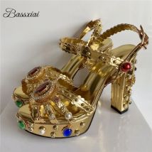 Luxury Beads Pearl Diamond Modern Sandals Women Genuine Leather Chunky Heel High Platform Rhinestone Buckle Summer Shoes