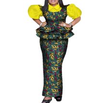 African Clothes for Women Fashion 2 Pieces Set Floral Print Pleat Top and Robe Skrit Dashiki Party Outfit Puff Sleeve WY8053