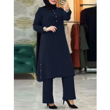 Arabische Frauen Eid Muslim Zweiteiliges Set Bluse & Hose mit weitem Bein Musulman Ensemble Gürtel Single Button Shirt Ramadan Modest Kleidung