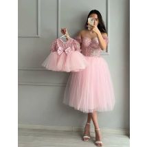 Off Shoulder Sweetheart Sequins and Tulle Mother and Daughter Matching Gown Bow Back Mum&Kids Photoshoot Dress Babyshower Dress
