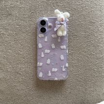 Cartoon INS Cute Rabbit Pattern with 3D Fluffy Decor & Bow Phone Case for iPhone 17 16 15 14 13 Pro Max Back Phone Cover Capa