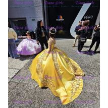 Quality Gorgeous Yellow Satin Flower Girl Dress Floral Appliques Elegant Floor Length Princess Birthday Party Ball Gowns