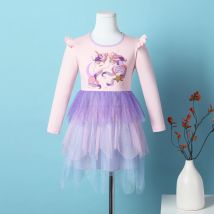 Mädchen lang ärmel ige Herbst Baumwolle Sternen himmel Himmel Punkt Mesh Patchwork Einhorn Druck knielang lässig A-Linie Kleid lh1728