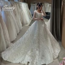 Luxuriöses Hochzeitskleid mit Stickerei und Perlenstickerei, Prinzessin-Ballkleid, quadratischer Kragen, volle Ärmel, Knopf, Vestido De Novia, individuell gestaltet