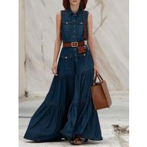 Frauen Mode Denim Tank Kleid Drehen Unten Coallr Vintage Plissee A-Line Sommer Casual Retro High Street Taschen Kleider 2024