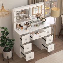 Weißes Waschtischset mit 11 Glühbirnen, LED-Spiegel für Damen, 6 Schubladen, 3 Farben, dimmbar, einfache Montage, Schlafzimmermöbel, platzsparend