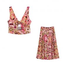Sommer-Damen-Set mit V-Ausschnitt, bedrucktem Knoten, Dekoration, Urlaubsstil, Oberteil, Knopf, hohe Taille, Retro-Stil, MIDI-Rock