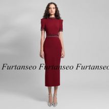 Fashion Burgundy Evening Dress High Neck Short Sleeves Crystal Tea Length Cocktail Party Gown Customized Saud Prom Dresses