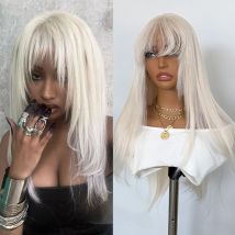 Platinum Blonde Layered Cut Wig with Bangs Long Silky Straight Lace Front Wigs for Women 13x4 Synthetic Hair Natural Hairline
