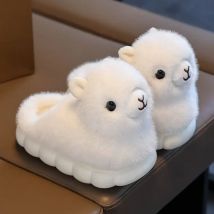 Kawaii neue weiße flauschige Alpaka-Hausschuhe für Kinder, Winter-Hausschuhe, Fellrutschen, Kleinkinder, warme pelzige Slipper, Teenager-Tier-Loafer