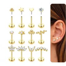 Bobisty 20G Ohrstecker mit flacher Rückseite für Damen und Herren, 14 Karat vergoldet, Push-in-Knorpel, Helix, Tragus, Nasenpiercing-Schmuck