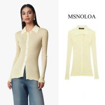 2025, frauen Sommer Mode Einfarbig Revers Langarm Rippen Stricken Dünne Jacke Weibliche Chic Elegante Drehen Unten Kragen hemd