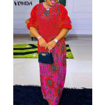 Plus Size 5xl Vonda Frauen bedrucktes Kleid 2024 Herbst lange Rüschen ärmel übergroße Maxi Sommerkleid Robe lässig böhmische Vestidos