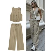 2024 frauen Feste Hosen Sets V-ausschnitt Pendeln Weste Top + Elastische Taille Kordelzug Kausalen Weibliche Breite Bein Hose straße