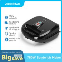 Aigostar Rubik 750W Sandwich Maker/Grill/Waffle 3 in 1 dimensioni compatte con sistema termostatico automatico, antiaderente e rimovibile