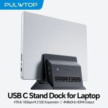 PULWTOP Vertikale USB-C-Dockingstation mit M.2 SSD-Gehäuse, HDMI, USB A/C, RJ45, SD/TF, PD für MacBook Pro/Air, Typ-C-Laptop – Schwarz