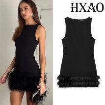 HXAO Elegante Minikleider 2024, Damen-Feder, ärmellos, kurze Kleider, modisch, lässig, Party, Abend, schwarzes Kleid, Vestidos