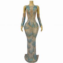 Ausgefallenes, entworfenes Bühnenkostüm, glitzernde Strasssteine, Quasten, Ärmelschonern, Kleid für Damen, Party, Abendkleid, Modenschau-Outfit, Qiyueque