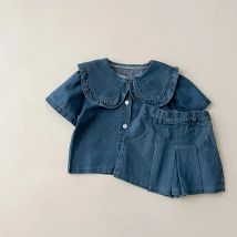 Sommer Kinder kleidung neue Mädchen Langarm Denim Set Baby einfarbig Top Denim Rock koreanisch lässig zweiteilig Set