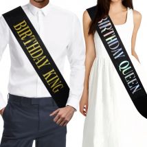 Geburtstags könig und Geburtstags königin Schärpe für Männer Frauen Geburtstags feier Dekorationen liefert Silber Goldfolie Brief schwarz Satin Schärpe