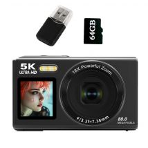 Fotocamera digitale con scheda da 64 GB e lettore USB 5K UHD 8000 W Pixel con zoom 18X Messa a fuoco automatica per viaggi e vita quotidiana Nero