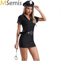 Frauen Halloween Cop Officer Cosplay Outfits Polizei Uniform Kurzarm Mini kleid mit Hut Gürtel Abzeichen Fesseln Zubehör
