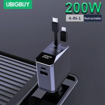 Ubigbuy Caricatore per auto retrattile 4 in 1 da 200 W Display digitale Caricatore di ricarica rapida di tipo C con cavo di tipo C per iPhone 16 Samsung
