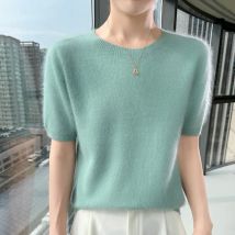 Neues gestricktes Damen-Pullover-T-Shirt aus 100 % Nerz-Kaschmir mit kurzen Ärmeln. Einfacher und vielseitiger Damen-Pullover mit O-Ausschnitt der Marke FRSEUCAG