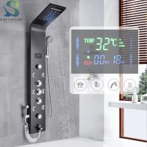 Black Bathroom Shower Panel SPA Massage Jet Shower Column LED Display Stainless Steel Shower System