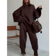 Herbst Winter Einfarbig Gestrickte Zwei Stück Set Frauen Mode Oansatz Langarm Pullover Anzug Beiläufige Lose Homewear Hosen Outfit
