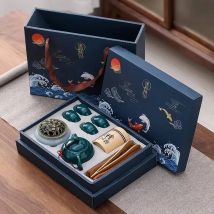 Juego de té Kungfu, quemador de incienso, caja de regalo para ceremonia, una olla, cuatro tazas, estufa de sándalo, cerámica china portátil en la barra de tazas del coche