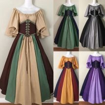 Europeo medievale retrò contrasto colore cuciture maniche volanti corte fantasia Vintage regina elegante vestito costumi di Halloween