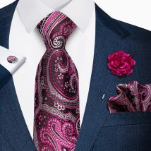 Wholesale Fashion 8 cm Tie Handkerchief Cufflink Pin Set Men Necktie Purple Paisley Suit Accessories Fit Wedding Birthday Gift