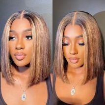 Bob Perücke 4/27 Glattes Echthaar Highlight Ombre 13x4 Lace Front Perücken 4/27 Honigblonde kurze Perücken Brasilianisches Echthaar 100 %