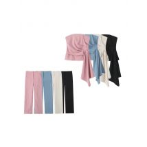 Frauen Mode Drapierte Liebsten Bustier Tops Und Hohe Taille Seite Taschen Ausgestelltes Hosen Weibliche Zwei Stück Sets Mujer